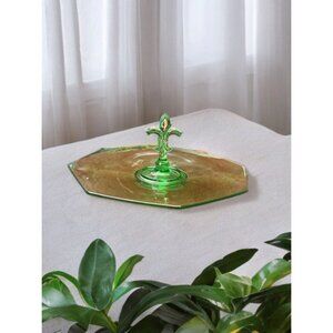 Vintage Uranium Glass Octagonal Serving Tray With Fleur-De-Lis Handle